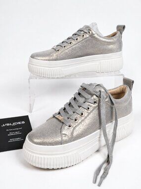 J Slides Platform Sneakers Metallic Silver Leather Lace Up Size 7 Trendy NIB